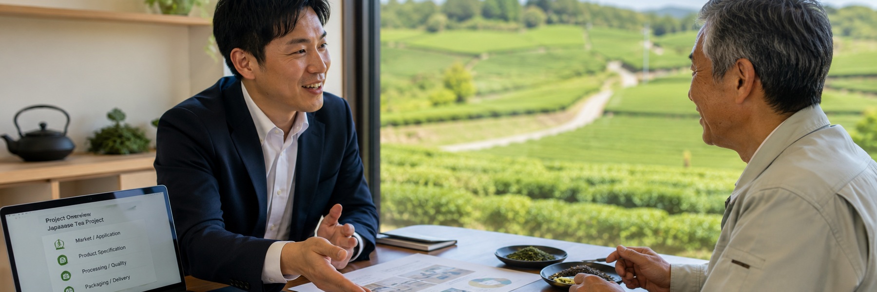 Kiri representative discussing a Japanese tea project with a trusted tea producer