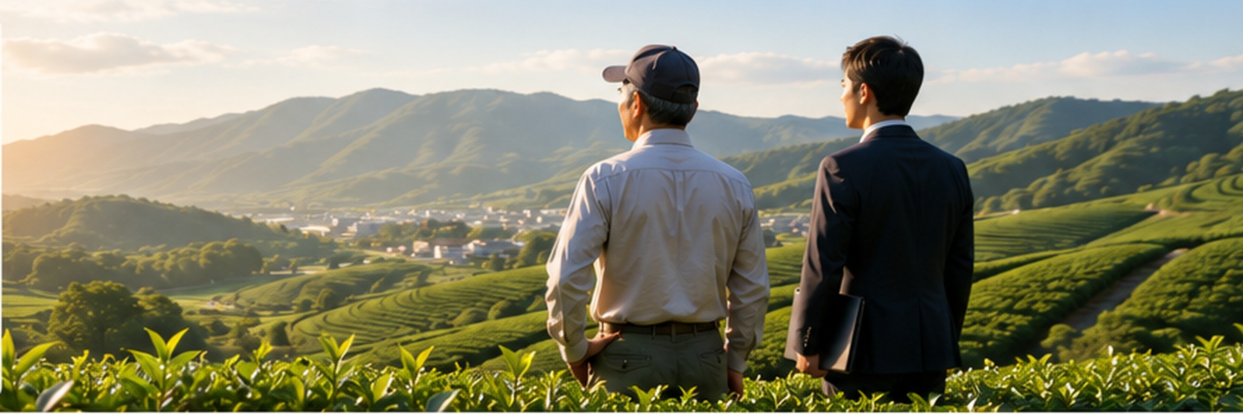 Japanese tea producer and business representative looking toward the future across Japanese tea fields